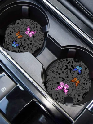 2pcs Butterfly Pattern Car Coasters – Decorative Anti-Slip Cup Holder Mats-NEW - Image 1 of 4