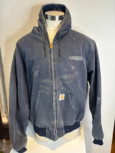Distressed Carhartt Dark Blue Duck Canvas Jacket Men 3XL Quilted Liner Hooded - Picture 1 of 10
