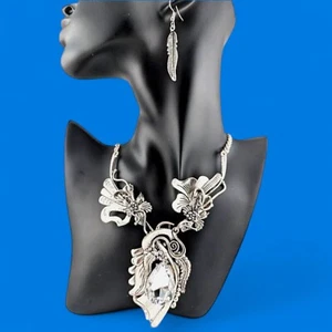SILVER CHUNKY FLORAL BIB NECKLACE art nouveau lily clear stone earrings set Z8 - Picture 1 of 7
