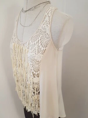 WISH TOP 10 pure SILK cream beige boho lace coastal beach summer tank top sheer - image 1 of 4