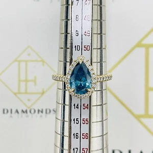 AIG Certified 1.86 Ct Natural Diamond Pear Cut Blue Color 14K Yellow Gold Ring - Picture 1 of 14