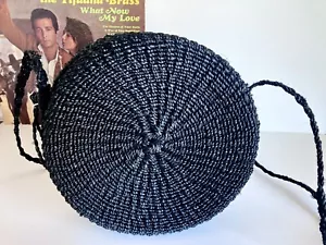 Vintage Woven Basket Purse Round Black Tropical Boho Chic Crossbody - Picture 1 of 9