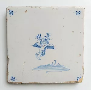 Antique 17th Century Dutch Delft Blue White Tile Putto Putti Cherub Angel - Picture 1 of 10