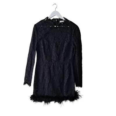 Sau Lee Mara Dress Lace Long Sleeve Ostrich Feather Hem Black Womens Size 12 - Image 1 of 4