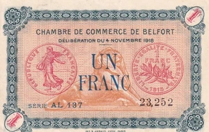 1 Franc - Chambre de Commerce - Belfort - Série AL 137 - 04-11-1918 - Foto 1 di 2