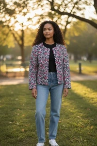 Ann Taylor Factory Red Black Bird Floral Jacquard Blazer Jacket Women's Size M - Picture 1 of 5