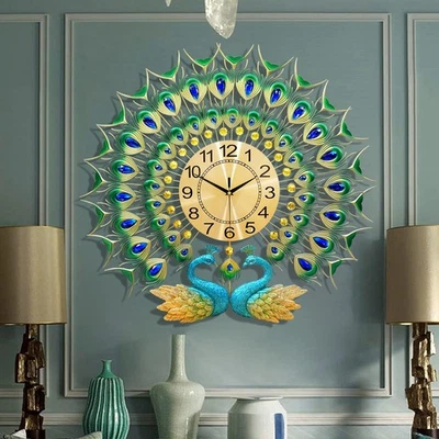 Large Peacock Wall Clock 27.6 inch Non-Ticking Silent Crystal Creative Person... - Image 1 of 4