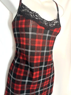 No Boundaries Red Black Tartan Plaid Long Lace Trim Cami Y2K Goth Baddie Size XL - Image 1 of 4