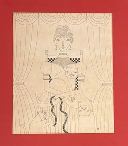 OKU (Shigeo Okumura) LADY WITH THREE CATS Orig. pen & ink drawing signed 1977 - Picture 1 of 8