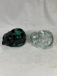 2 Vintage Indiana Glas Kristall schlafende Katze Votivkerze Teelichthalter - Bild 1 von 7