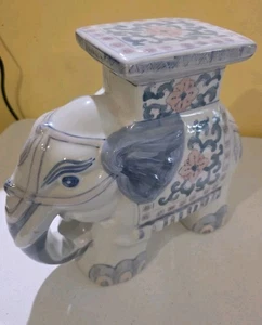 Vintage Ceramic Elephant Garden Stool Plant Stand Blue Pink Floral Asian Decor - Picture 1 of 9