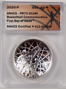 2020 P BASKETBALL HOF COMMEMORATIVE SILVER DOLLAR ANACS PR70DCAM - Picture 1 of 2