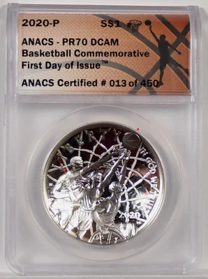 2020 P BASKETBALL HOF COMMEMORATIVE SILVER DOLLAR ANACS PR70DCAM - Image 1 of 2