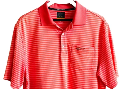 Polo GREG NORMAN Hombre Talla Mediana Naranja Rayas Cinco Hierro Play Dry Performance Foto 1 de 4