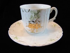 Vintage Tea Cup and Saucer White with Gold Gilding and Green Leaves