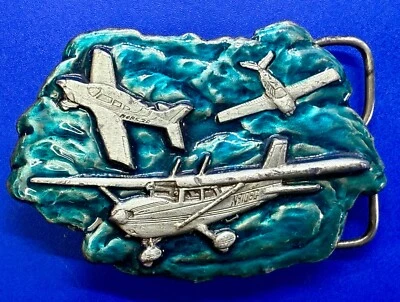 Tres Aviones Aviones Azul Esmaltado 1977 Hebilla de Cinturón Bergamota Latón Funciona Y-39 Foto 1 de 4