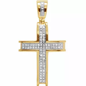Men's 10K Yellow Gold Real Diamond Dome Cross Pendant Charm 1/4 CT 1.35" - Picture 1 of 6