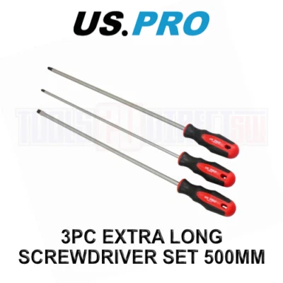 US PRO Tools 3 Piece Extra Long Screwdriver Set Slotted Pozi Philips 500mm 1527 - Image 1 of 3