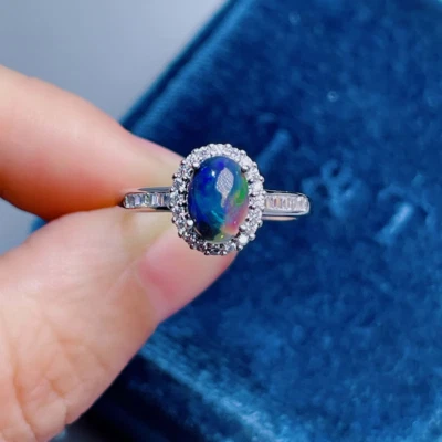 Помолвочное кольцо из стерлингового серебра 925 пробы с покрытием из белого золота 18 карат с черным опалом 0val - Изображение 1 из 4