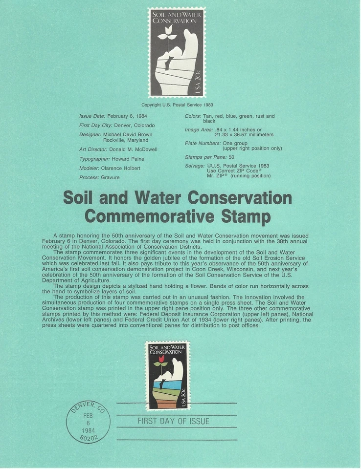USPS Souvenir First Day Of Issue Stamp 2/6/84 Soil & Water Conservation 20c - Image 1 of 1