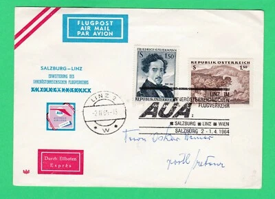 Austrian Airlines Salzburg Linz Vienna 1964 first flight cover aviation history - Image 1 of 4