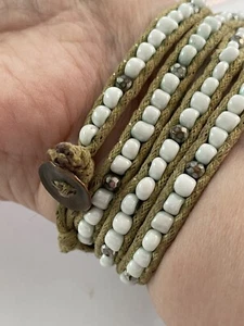 WRAP BRACELET White bead Cord Metal Discs S83 - Picture 1 of 7
