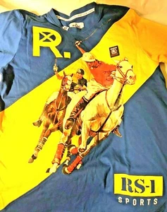 R.S.INE Sports Competition PoLo Horses Game Yellow/Blue S.S. T-Shirt Sz. Medium  - Picture 1 of 7