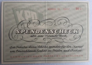 KPD (Komunistyczna Partia Niemiec) - czek darowizny 1 DM - lata 1950. - Zdjęcie 1 z 2