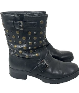 Michael Kors Studded Leather Boots Women 7 Black Motorcycle Biker Buckle Slip On - Picture 1 of 15