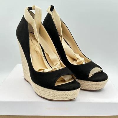 Jessica Simpson Zavida Negro Gamuza Alpargata Cuña Tobillo Corbata Zapatos 7M Nuevo con Etiquetas Foto 1 de 4