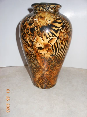 Jarrón Vintage Animal Safari Estampado Retazos Cebra Jirafa León Africano "LaVie" Foto 1 de 4