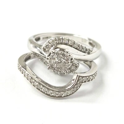 9ct White Gold Diamond Ring Set Engagement and Wedding Band 0.50ct Total 7.1g - Image 1 of 4