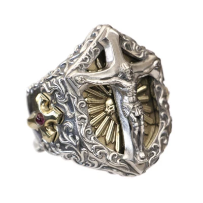 LINSION 925 Sterling Silver Jesus Christ Cross Shield Ring TA462C UK Size P½~Z5 - Image 1 of 4