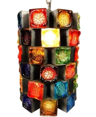 Felipe Delfinger para Plumas Brutalista Metal y Vidrieras Colgante Años 70 México Foto 1 de 4