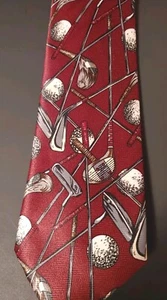 Golf Themed Tie by UMO LORENZO. "Golf Clubs and Balls" Red/gray - Picture 1 of 4