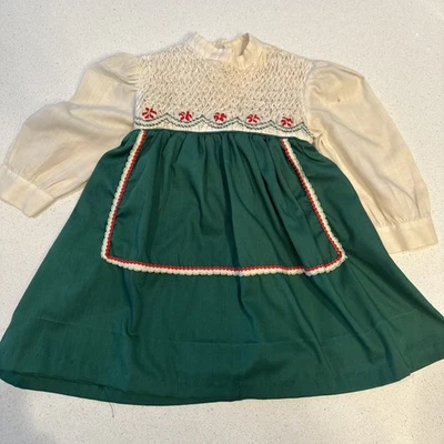 Vintage Polly Flinders Smocked Dress 2T Christmas Green And Red - Image 1 of 4