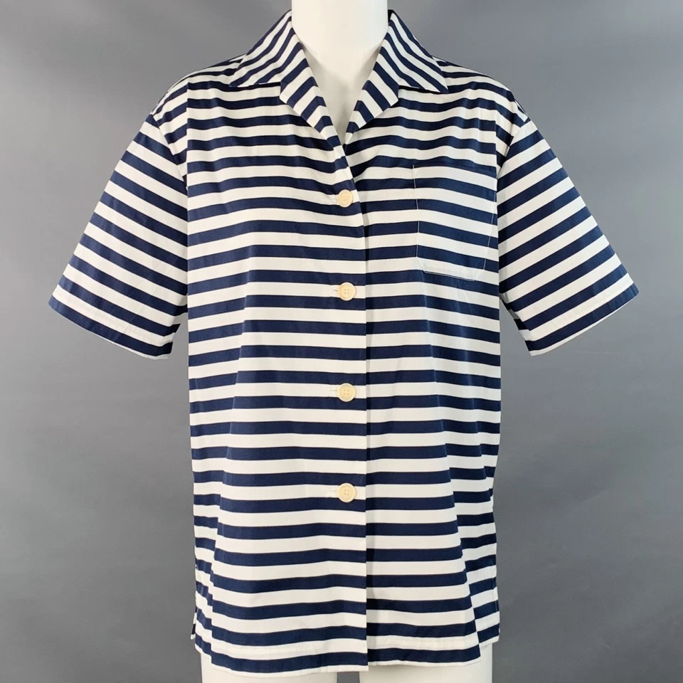 Blusa casual LORO PIANA tamanho 6 branca azul marinho listra de algodão um bolso - Imagem 1 de 4