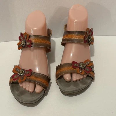 L Artiste Spring Step Bacall Wedge Sandal Brown Orange Leather Beaded 9/40 - Image 1 of 4