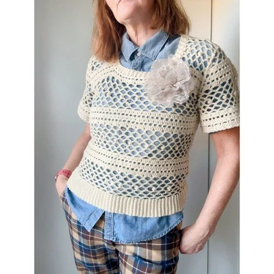 Top vintage boho ganchillo crema talla mediana hecho a mano algodón suave niña Foto 1 de 4