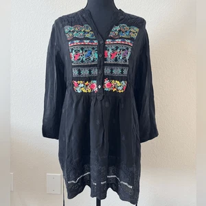 Johnny Was Women’s Sz M Black Embroidered Tunic Top Semi Sheer Boho Cottagecore - Picture 1 of 7