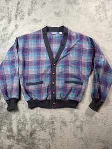 Vintage Pendleton Sweater Cardigan Mens Medium Blue Plaid Wool Made in USA 90s - Picture 1 of 16