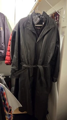 Charles Klein Black Leather Trench Coat Men’s XL Full Length Belted Made in... - Image 1 of 4