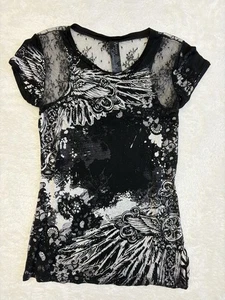 Angels and Diamonds Black Fairy Goth Y2K Spitze Burnout Flügel Biker Kurzarm - S - Bild 1 von 7