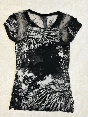 Ángeles y Diamantes Negro Hada Gótico Y2K Encaje Burnout Alas Motociclista Manga Corta-S Foto 1 de 4