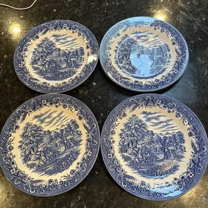 4 Churchill England Currier and Ives “Harvest” Heritage Mint Blue Dinner Plates - Picture 1 of 6