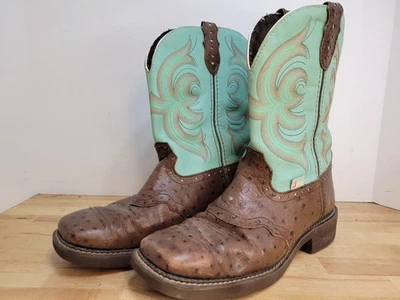 Botas vaqueras Justin Gypsy para mujer punta cuadrada cuero marrón azulado L9987 talla 10 1/2 B Foto 1 de 4