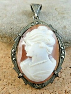 Vintage 800 European Sterling Silver Shell Cameo Lady Marcasite Pendant #556