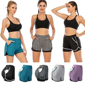 Womens 2 in 1 Seamless Gym Yoga Shorts High Waist Cycling Shorts with Pocket  - Picture 1 of 17