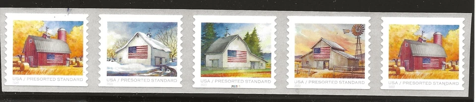US Scott #5684-87, Plate #P11111 Coil 2022 Flags on Barn VF MNH - Image 1 of 1