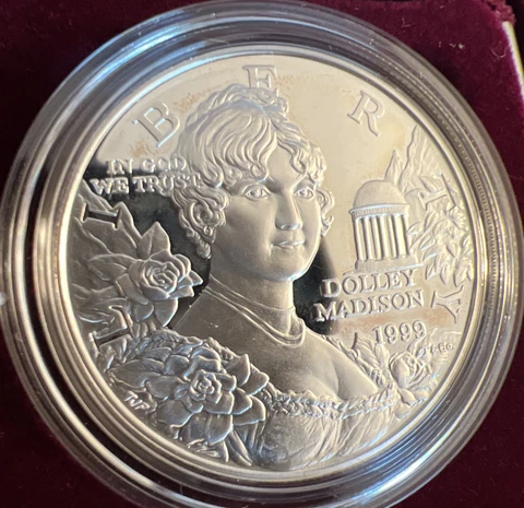 1999-P Dolly Madison Commemorative Proof Silver Dollar W/ Box & COA Cover